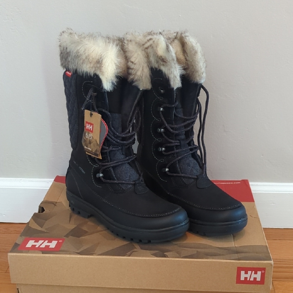 Helly Hansen Black and Gray Winter Rain Boots with Fur Lining
